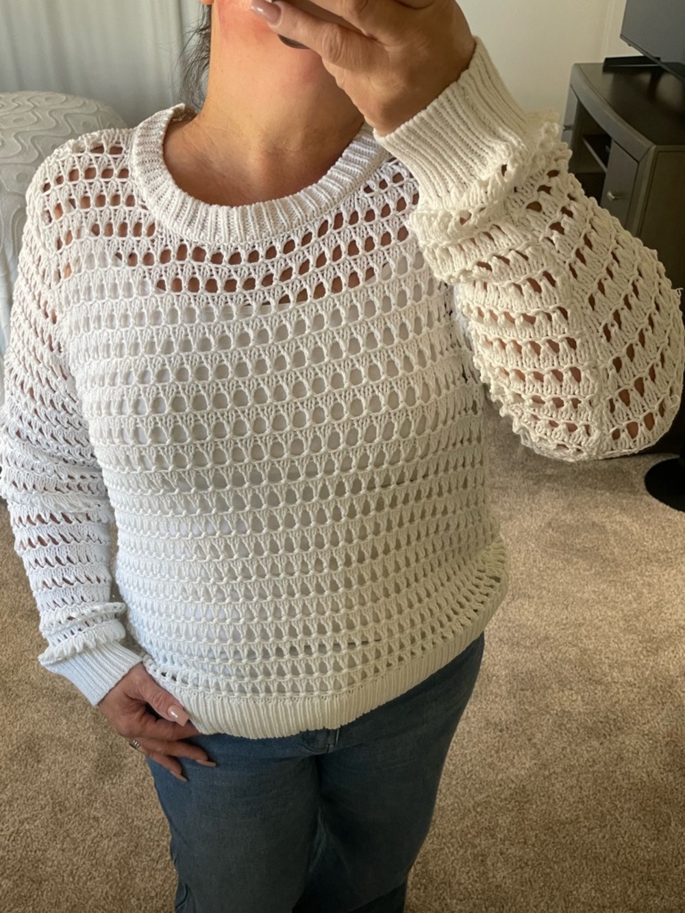CeCe Cream Open-Stitch Crewneck Sweater